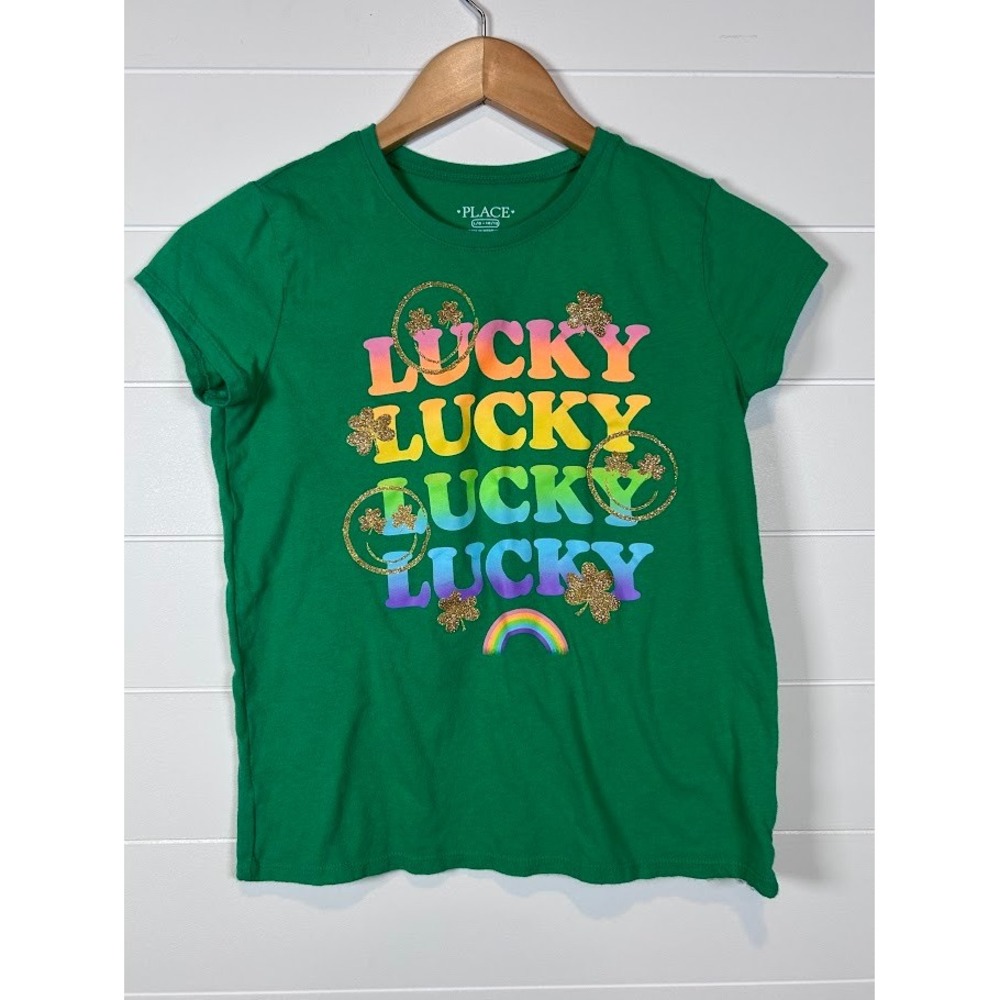 Childrens Place Lucky Rainbow Glitter Shamrock Green T-Shirt 10/12‎